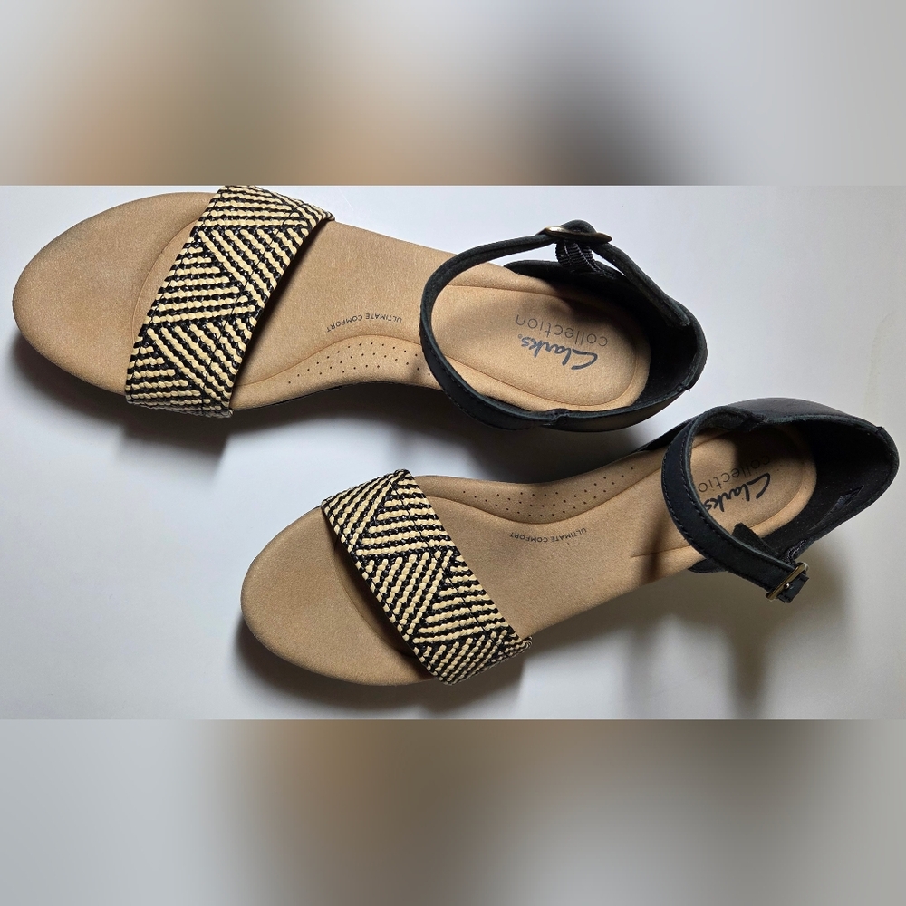 Clarks Rose Lane Black Wedge Sandals, Size 9.5